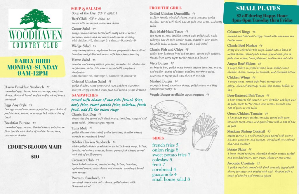 Early Bird menu, Monday through Sunday from 9 AM to 12 PM. The menu consists of Breakfast, Soup & Salad, Grill, and Small Plate options