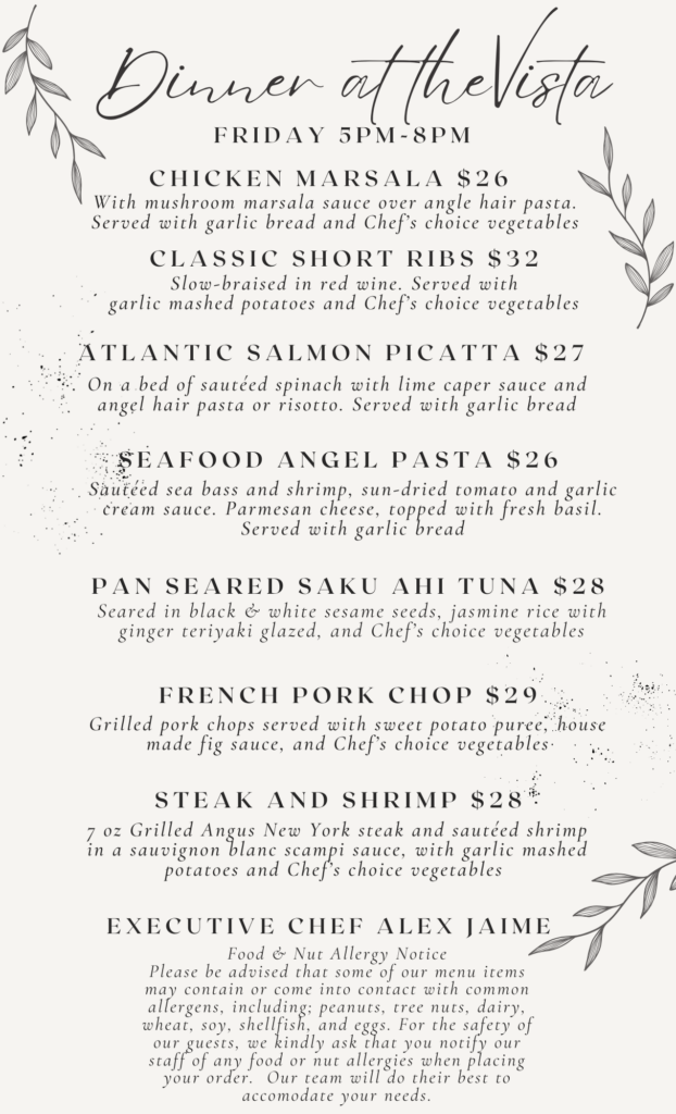 Dinner menu featuring entrees by Executive Chef Alex Jaime