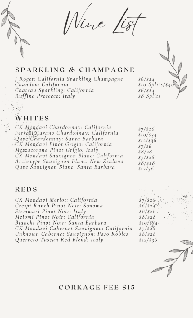 Complete Wine List featuring Sparkling & Champagne, Whites, and Reds selections